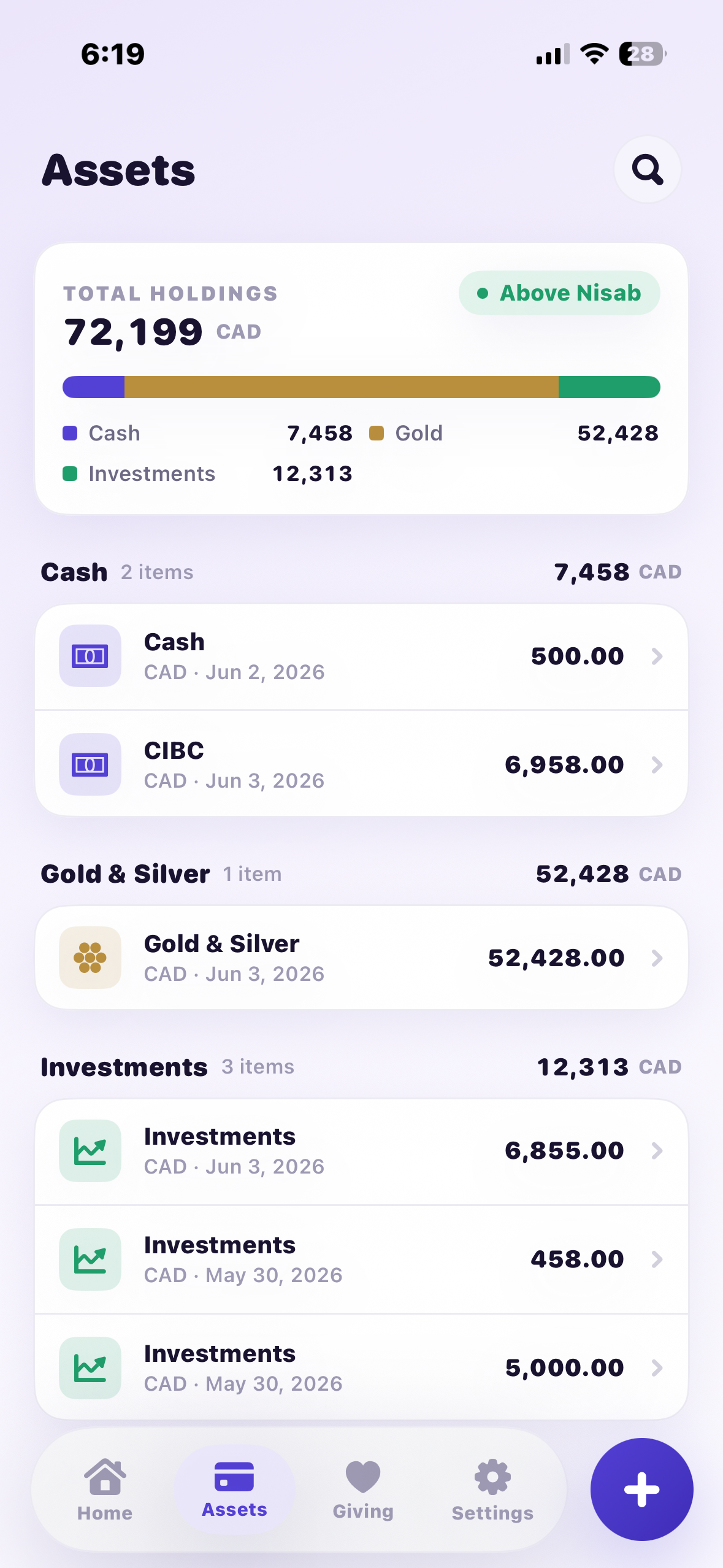 Give 2.5 Assets screen showing total holdings breakdown